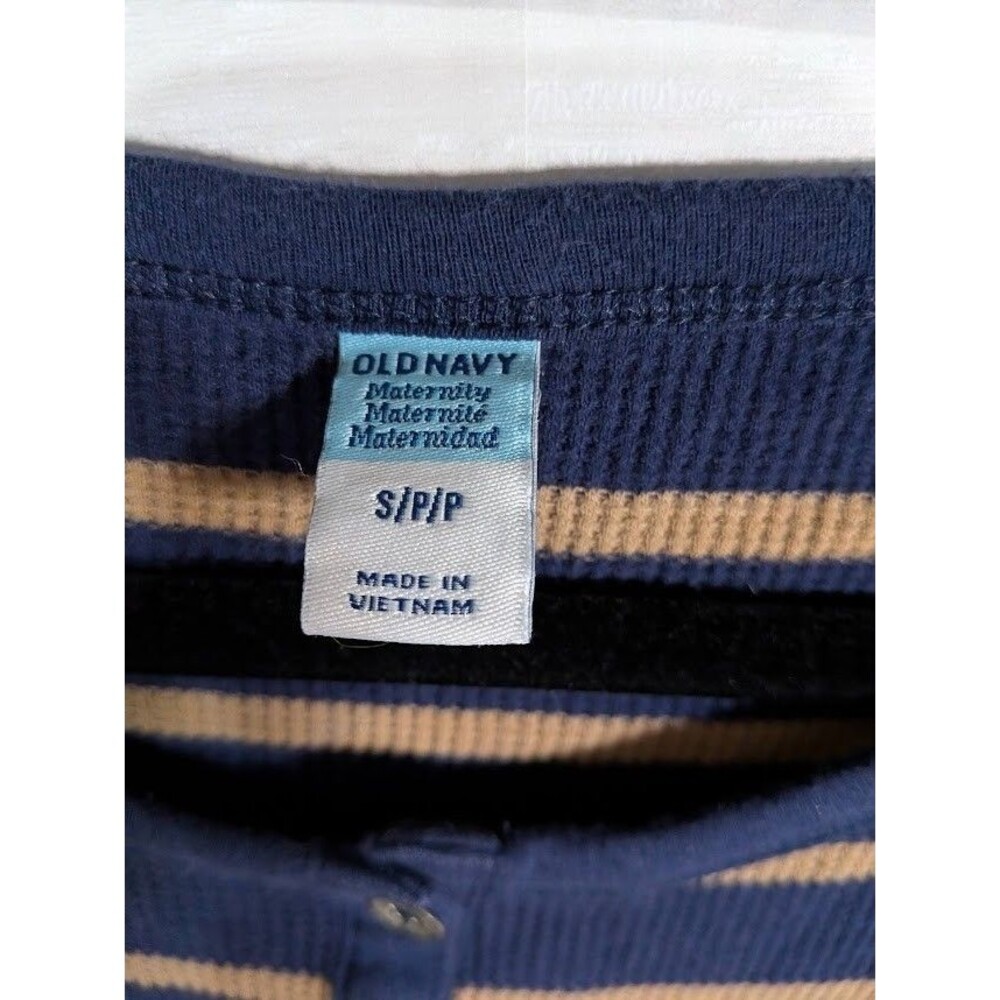 Old Navy Maternity Small S Navy Blue Tan Striped Waffle Knit Henley Ruched Shirt - Picture 2 of 3